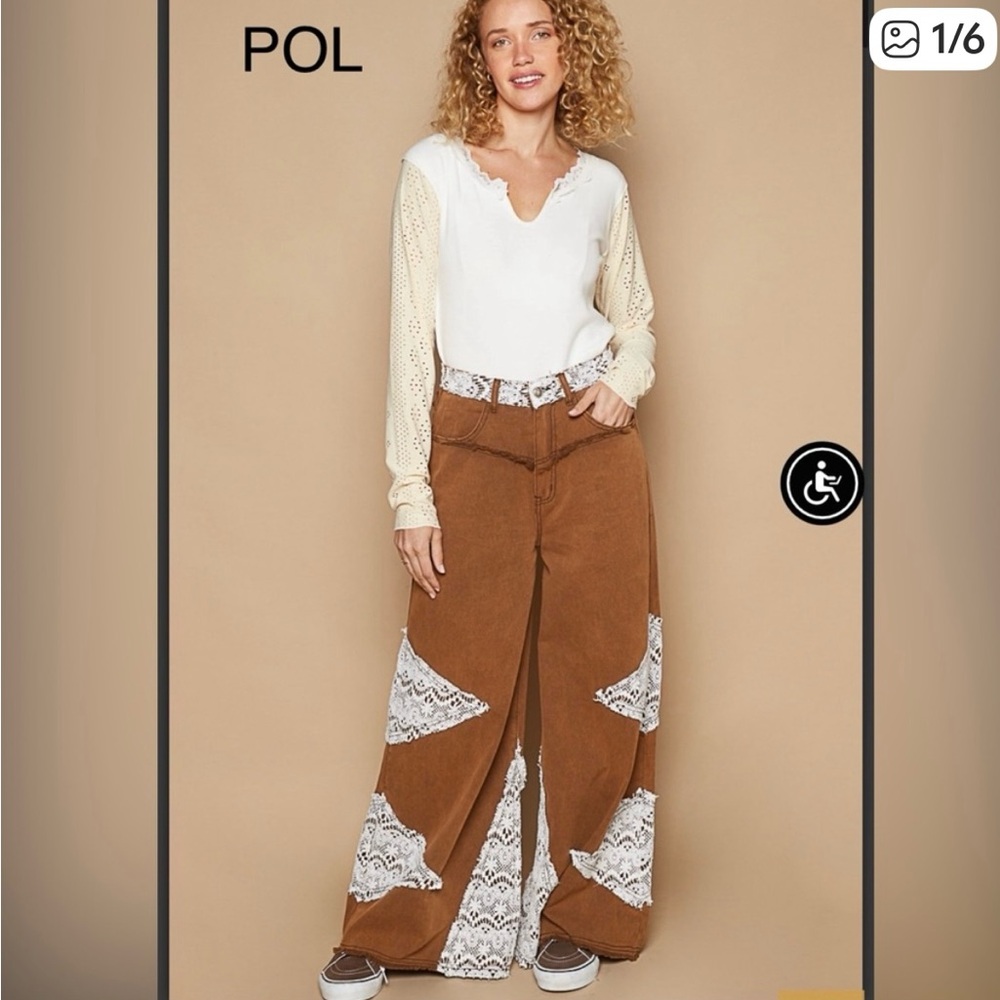 POL NWOT Rust Brown Crochet Lace Denim Wide Leg Jeans Size L
